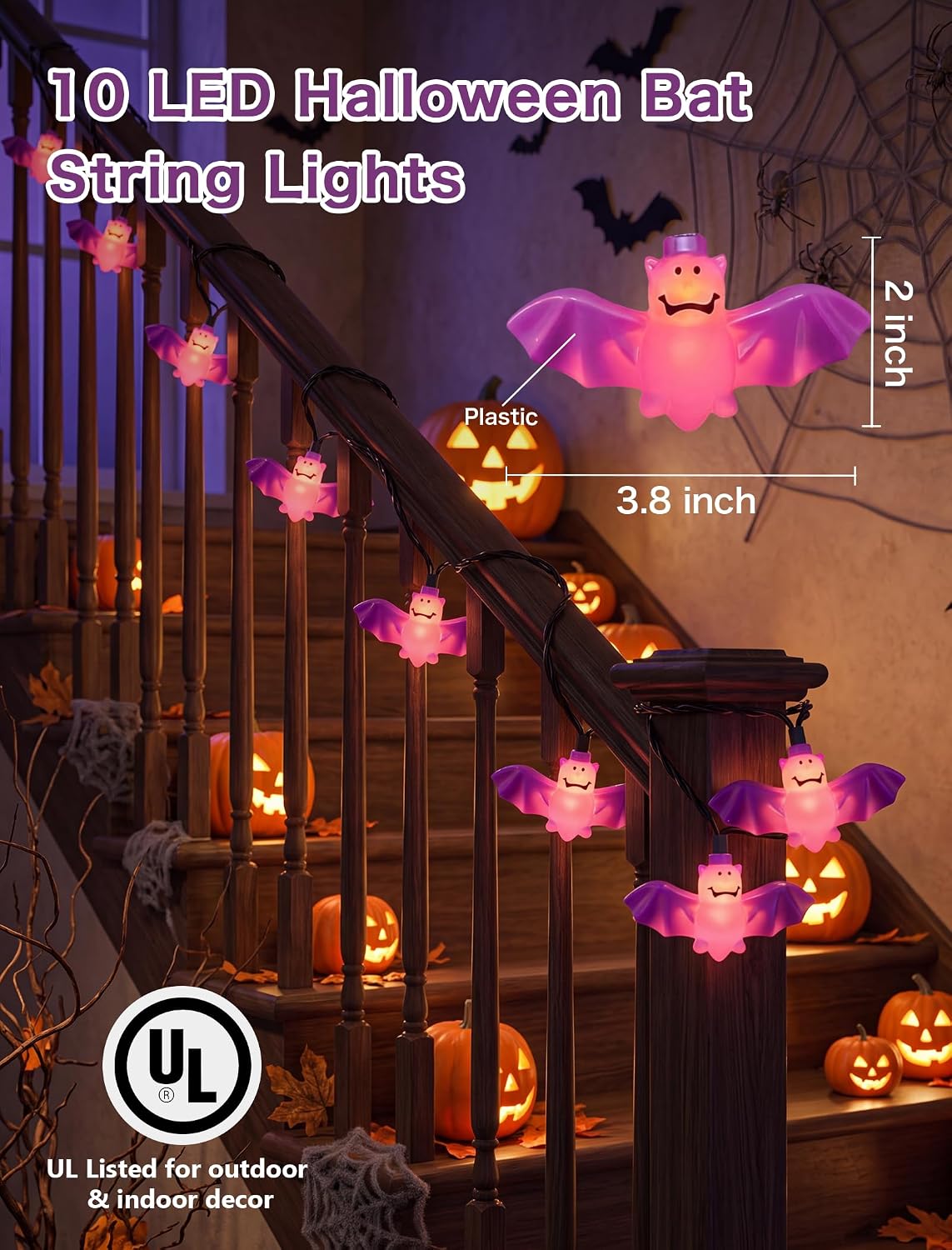 8.5FT Halloween Bat String Lights, Plug in 10 LED Purple Bat Decor Lights