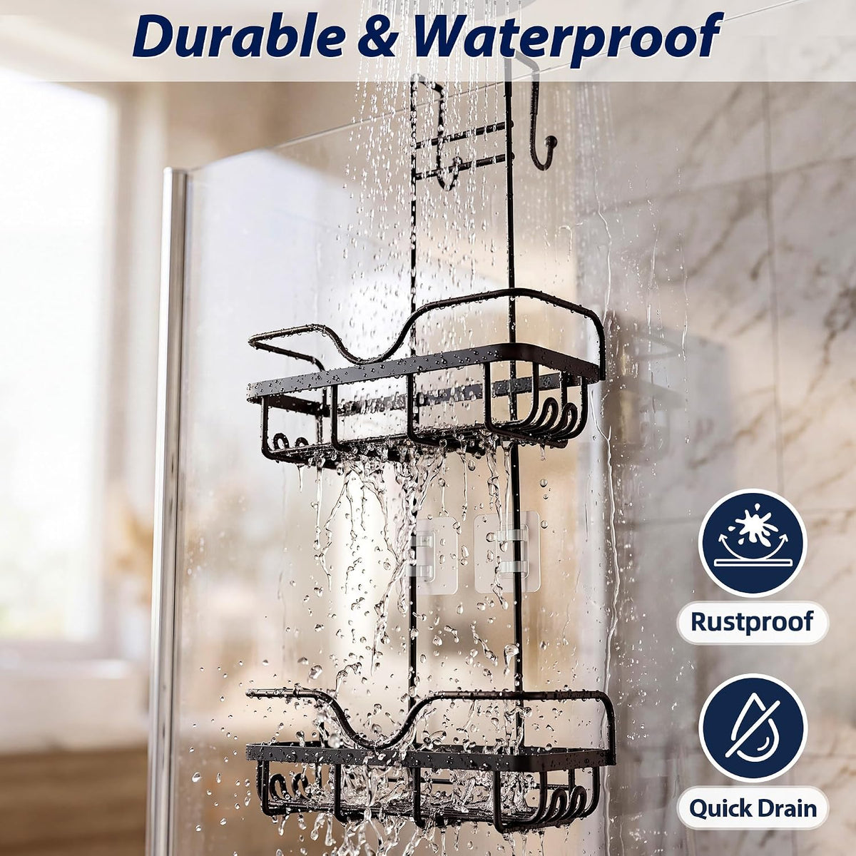 Skyapex Over the Door Shower Caddy Hanging: Black Rustproof Bathroom Organizer Over Glass with Hooks