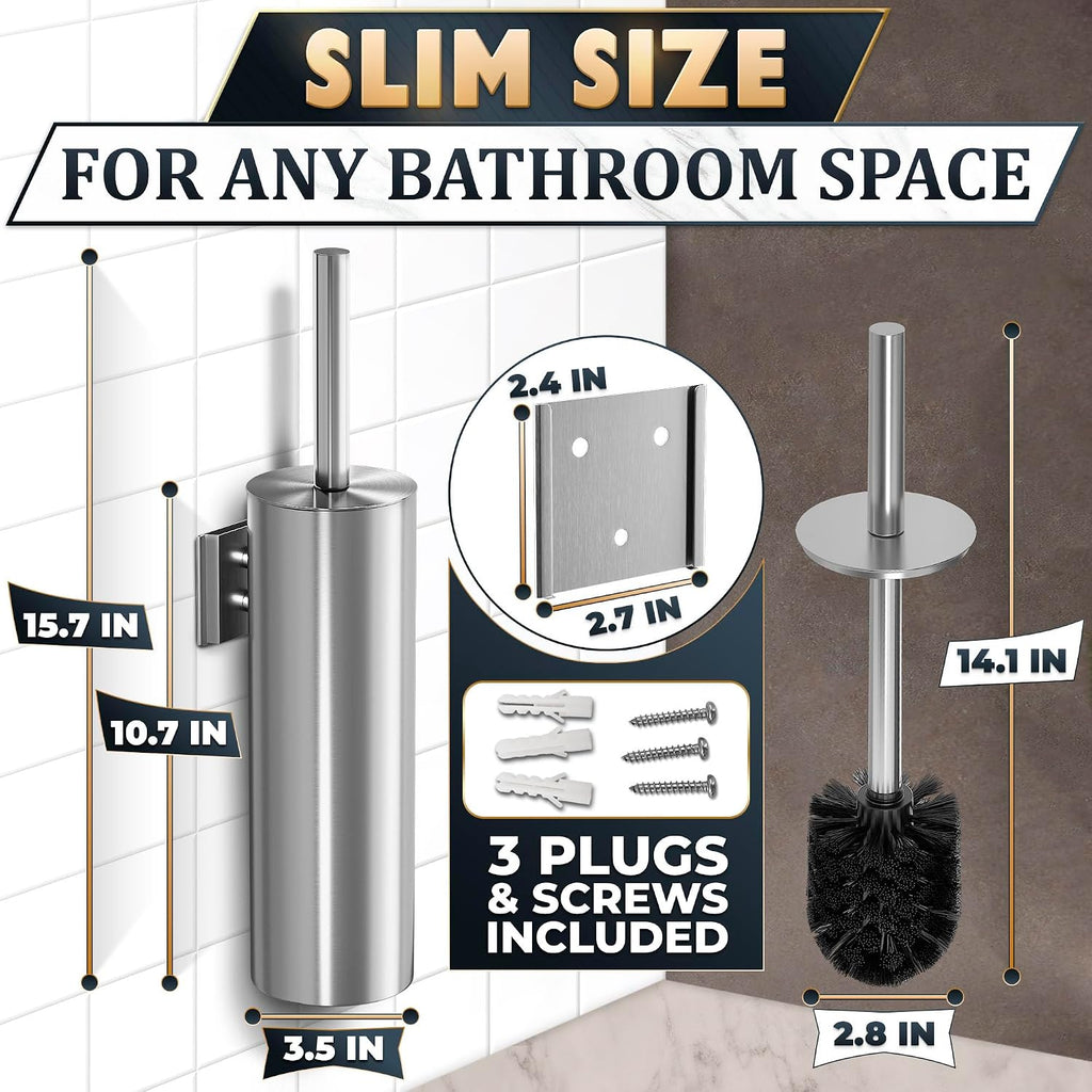 Wall-Mounted Toilet Brush and Holder Set, Stainless Steel (Silver)