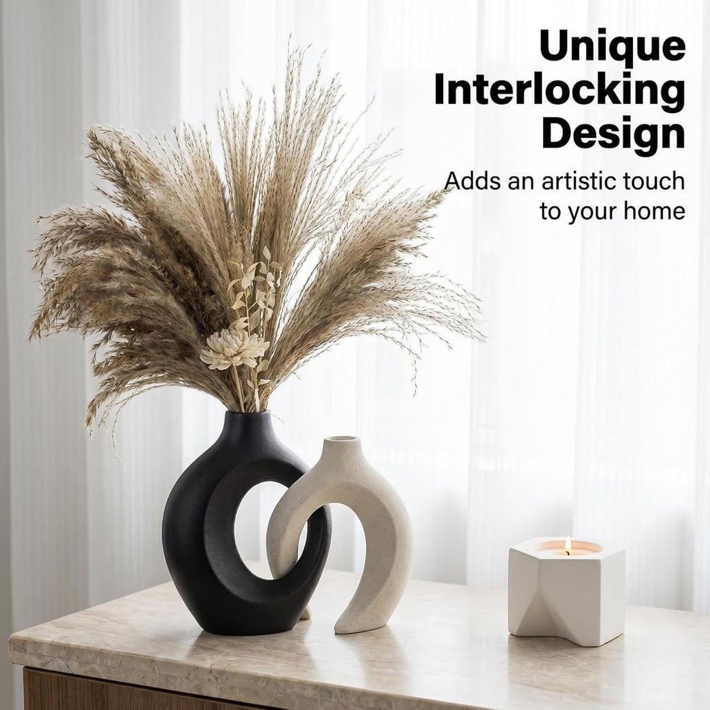 Liotww Black and Off-White Snuggle Hollow Ceramic Vase of 2 for Home Decor