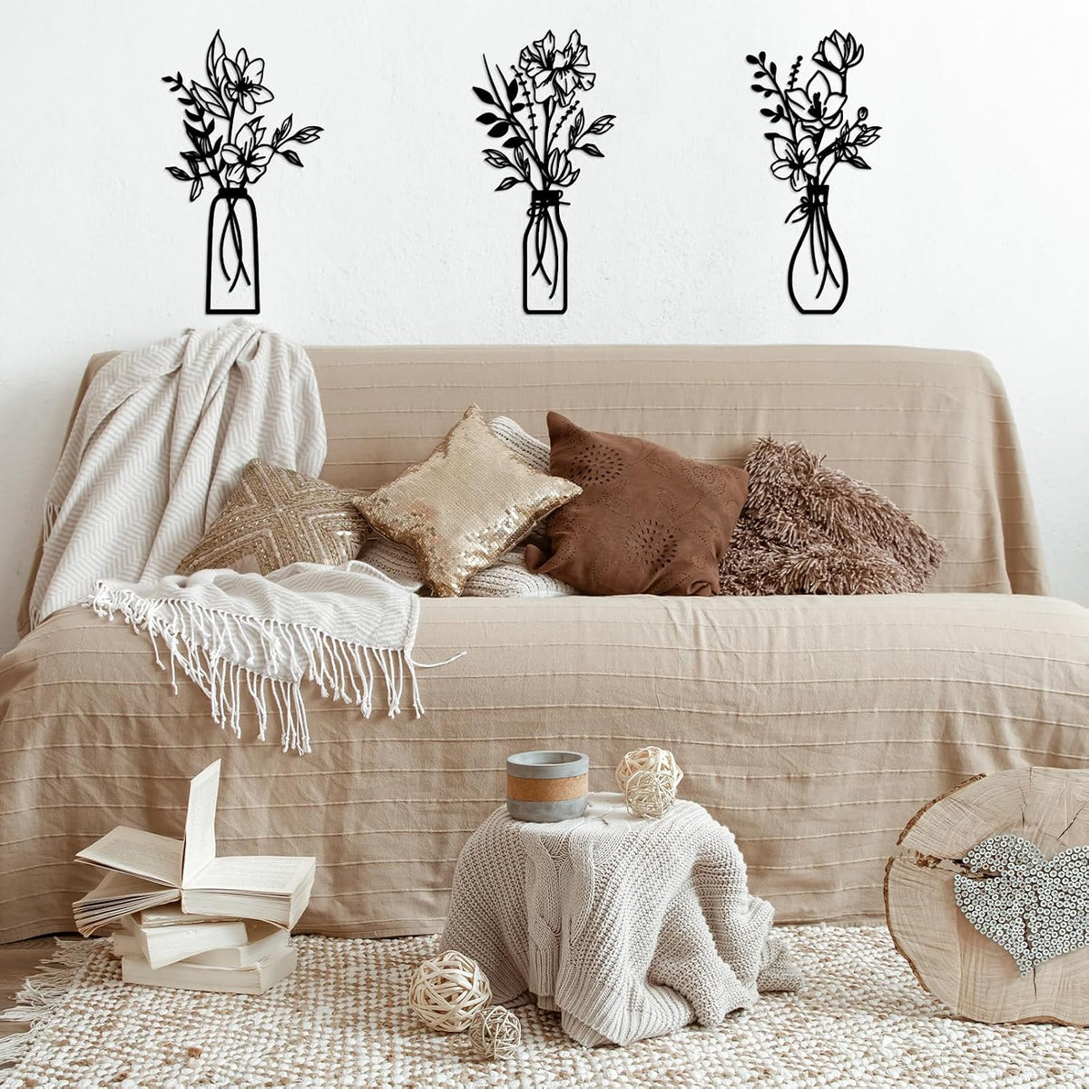 ARTINME 3 Pieces Metal Flowers Wall Arts - Rustic Farmhouse Decor Minimalist Flower Wall Decors for Living room Bathroom Kitchen Bedroom Dining Room - Housewarming Gifts (Black)