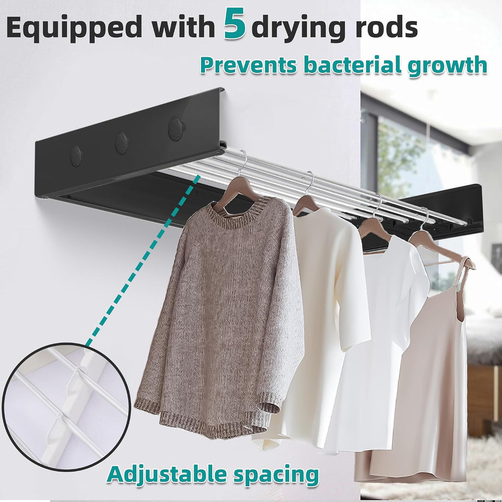 Laundry Drying Rack Collapsible, Wall Mounted, The Surface has Hooks (Black-31.5")