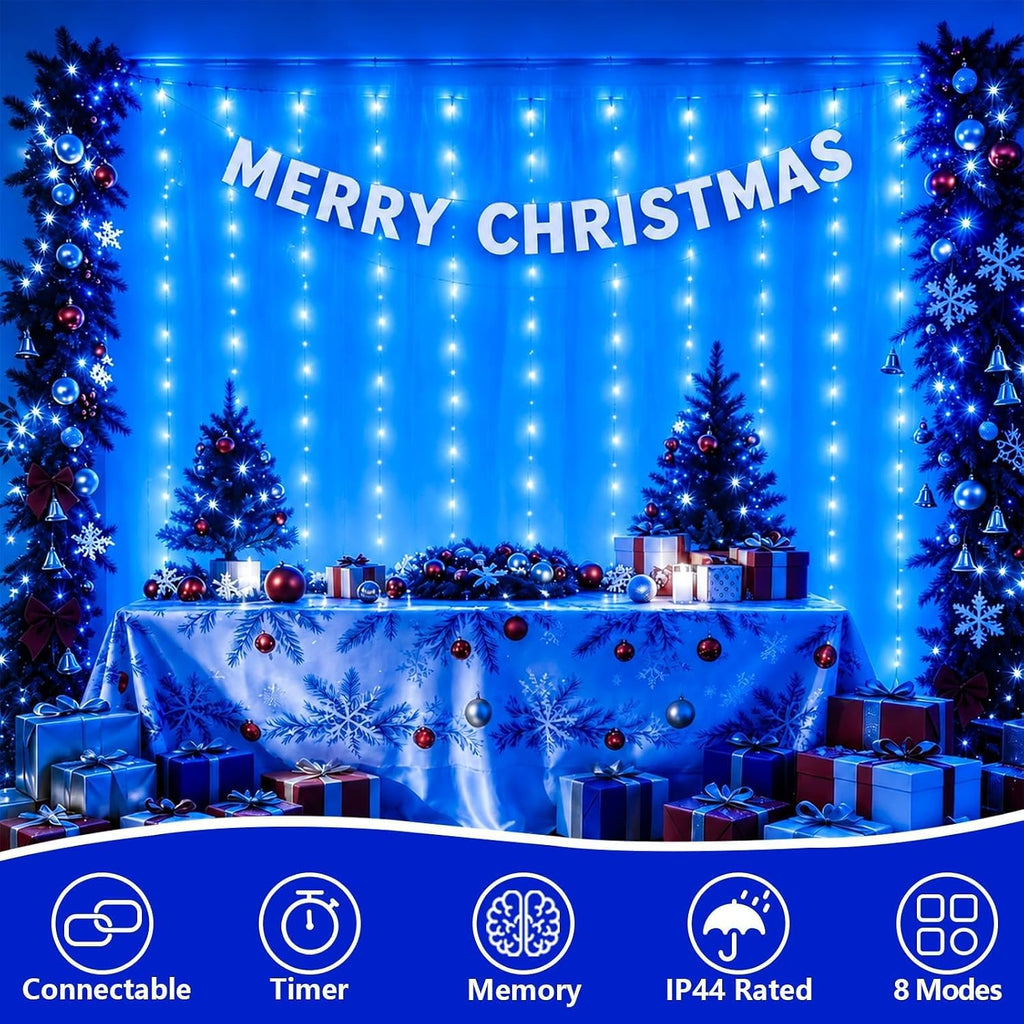 YEGUO 300 LED Blue Christmas Lights, Curtain Lights Plug in, 8 Modes Hanging String Lights for Bedroom Wall Window Backdrop Indoor Outdoor Party Xmas Decorations-9.8x9.8ft