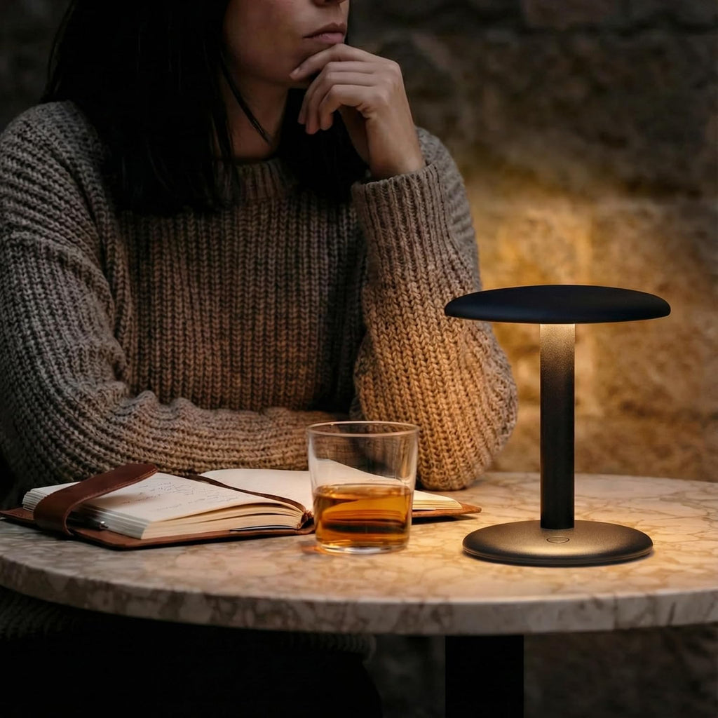 Brightech Zeno Cordless LED Table Lamp - Small 7.5in Touch Dimmable Bedroom, Side Table, End Table, Desk - Modern Rechargeable Portable Bedside, Living Room Light, Great for Outdoor, Camping - Black