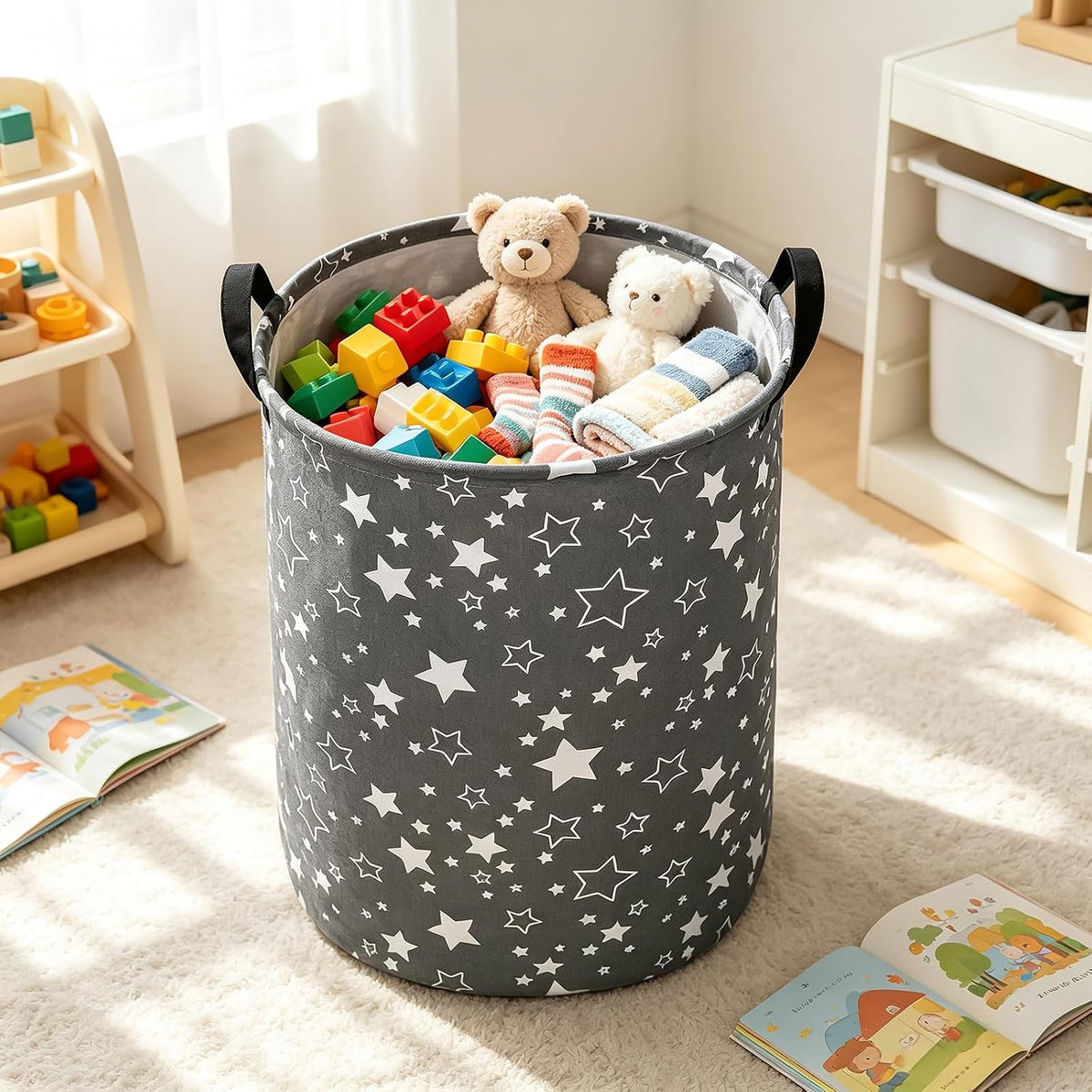Round Fabric Collapsible Storage Basket with Handles,Grey star