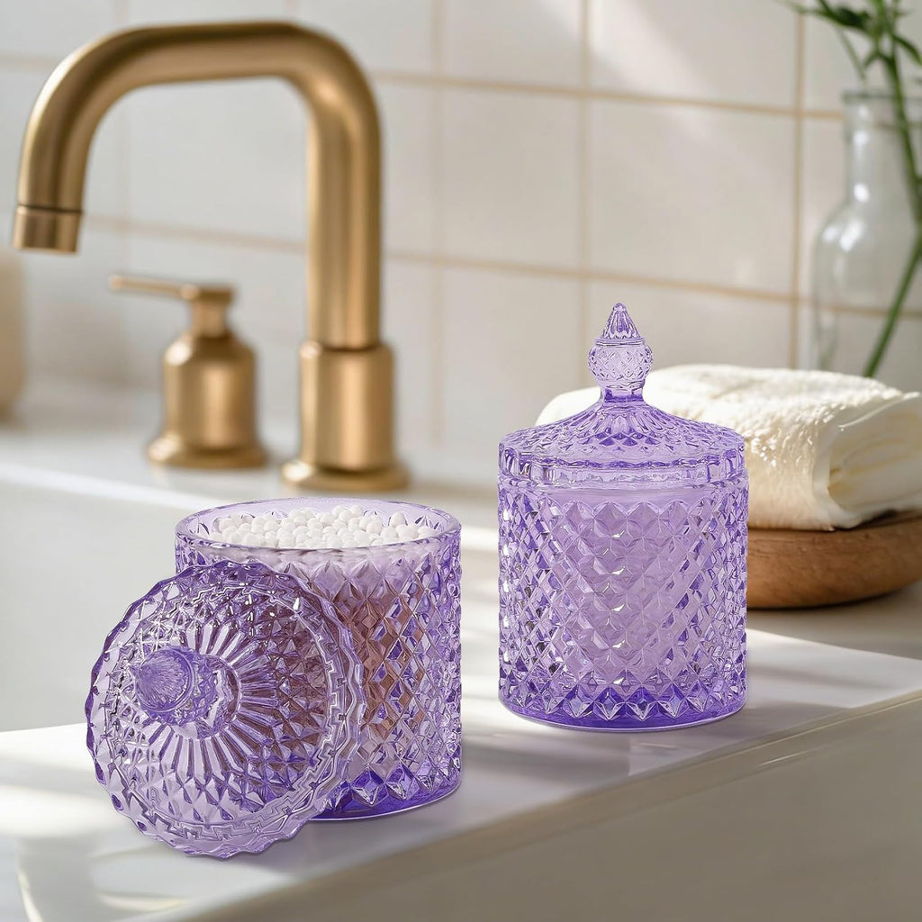 2 Pack Qtip Holder Apothecary Jars with Lid, Thick Glass, Purple