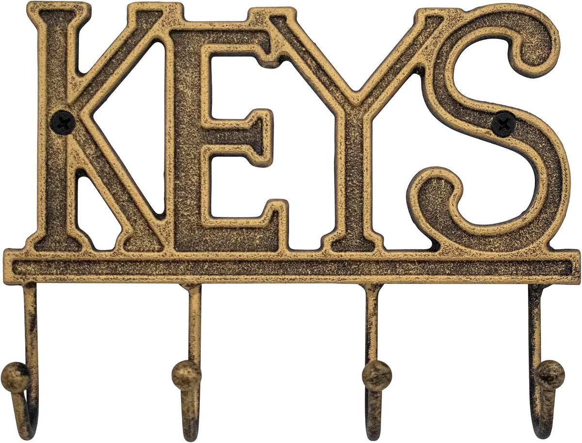 Stephanie Imports Rustic Cast Iron Keys Holder with 4 Key Hooks for Wall Mount (Antique Gold)