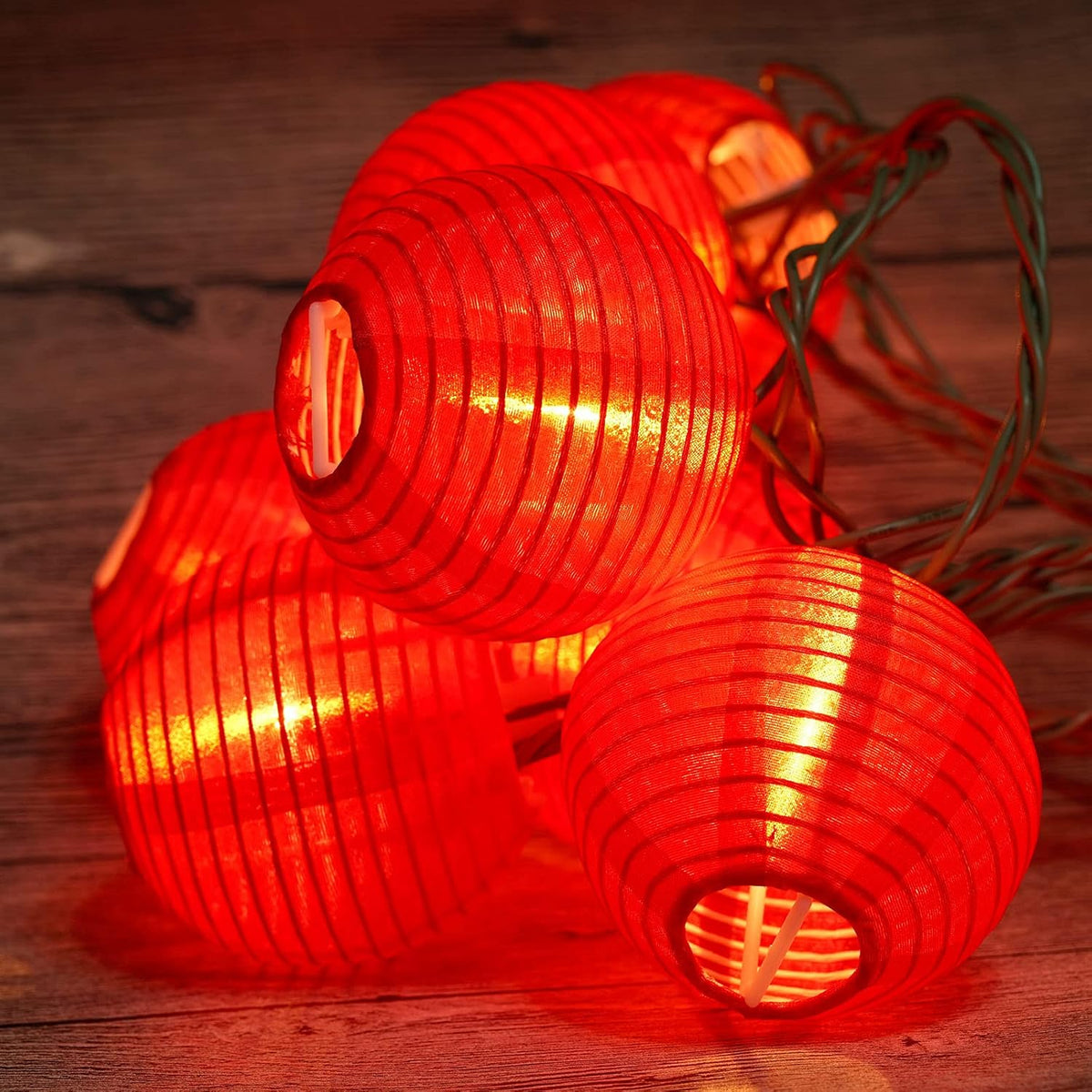 YULETIME Red Lantern String Lights, 10 ct 3" Dia 7.6 ft White Wire Plug-in