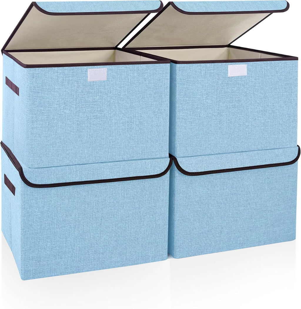 Bagnizer Foldable Storage Bins with Lids, Decorative Storage Baskets, Large Storage Boxes for Home, Office, Bedroom, Closet, Blue, Medium, 4 Pack 14.6 x 9.5 x 9.5”