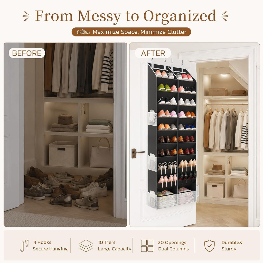 Criusia Over the Door Shoe Organizer, 20-30 Pairs Heavy-Duty Hanging Shoe Storage with Large Pockets, 10-Tier Door Shoe Rack with 4 Hooks for Sneakers Sandals Heels Boots (2 Pack, Black)