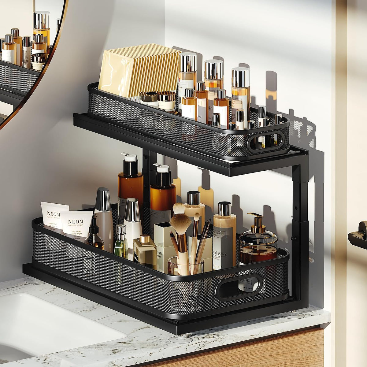 1 Pack-16"D Under Sink Storage Organizer with 2-Tier Slide Out Drawer, Sophisticated Mesh Pull Out Shelf for Kitchen & Bathroom, Fits Small Items, Upgraded Arched Track for Smooth Gliding-Black