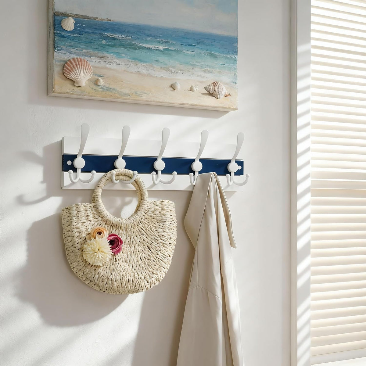 SKOLOO Coastal Wall Mounted Coat Rack - 16-7/8" Beach House Entryway Wooden Coat Hook with 5 Hooks for Hanging Coats, Hats or Towels, Oceanfront Cottage Core Collection, White & Blue