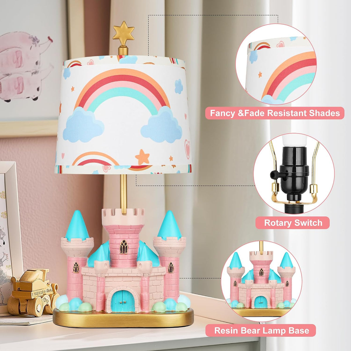 Hamucd Castle Bedside Table Lamp for Kid,Pink Princess Nursery Lamp for Girl Bedroom Nightstand Decor,Cute Desk Lamp for Study Room,1 LED Bulb Included