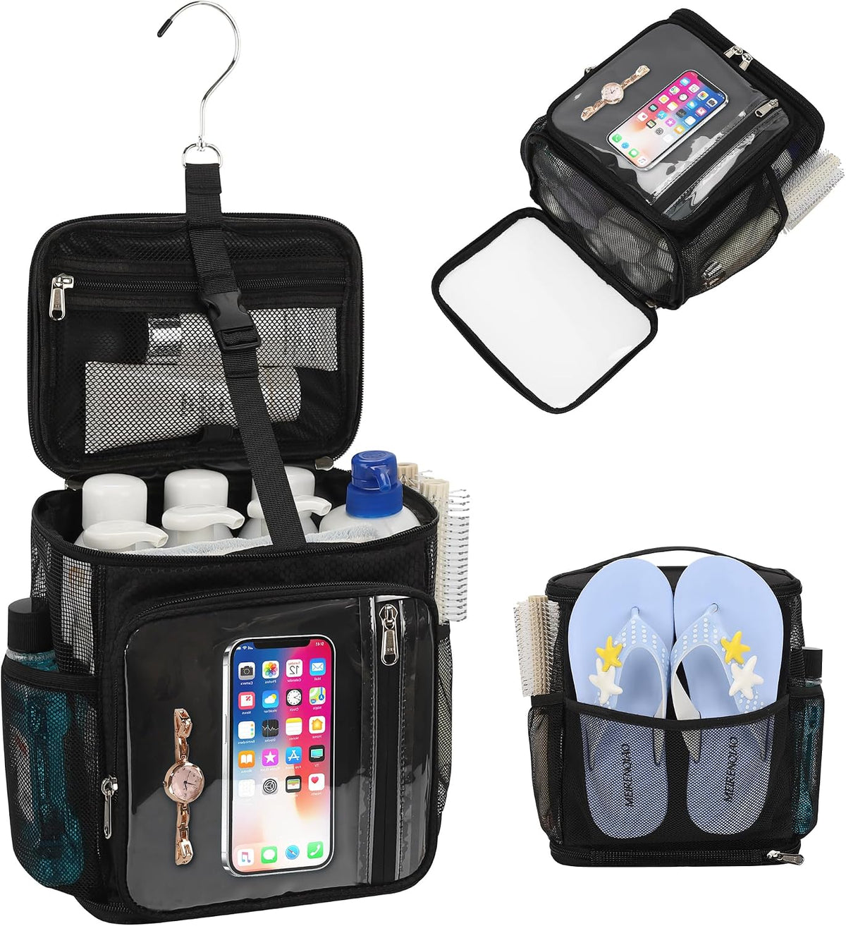 CUBETASTIC Hanging Shower Caddy Portable Bag - Quick Dry Shower Tote for Dorm College Essentials, Water-Resistant Travel Toiletry Bag with Separate Compartment & Multiple Pockets (Black, M)