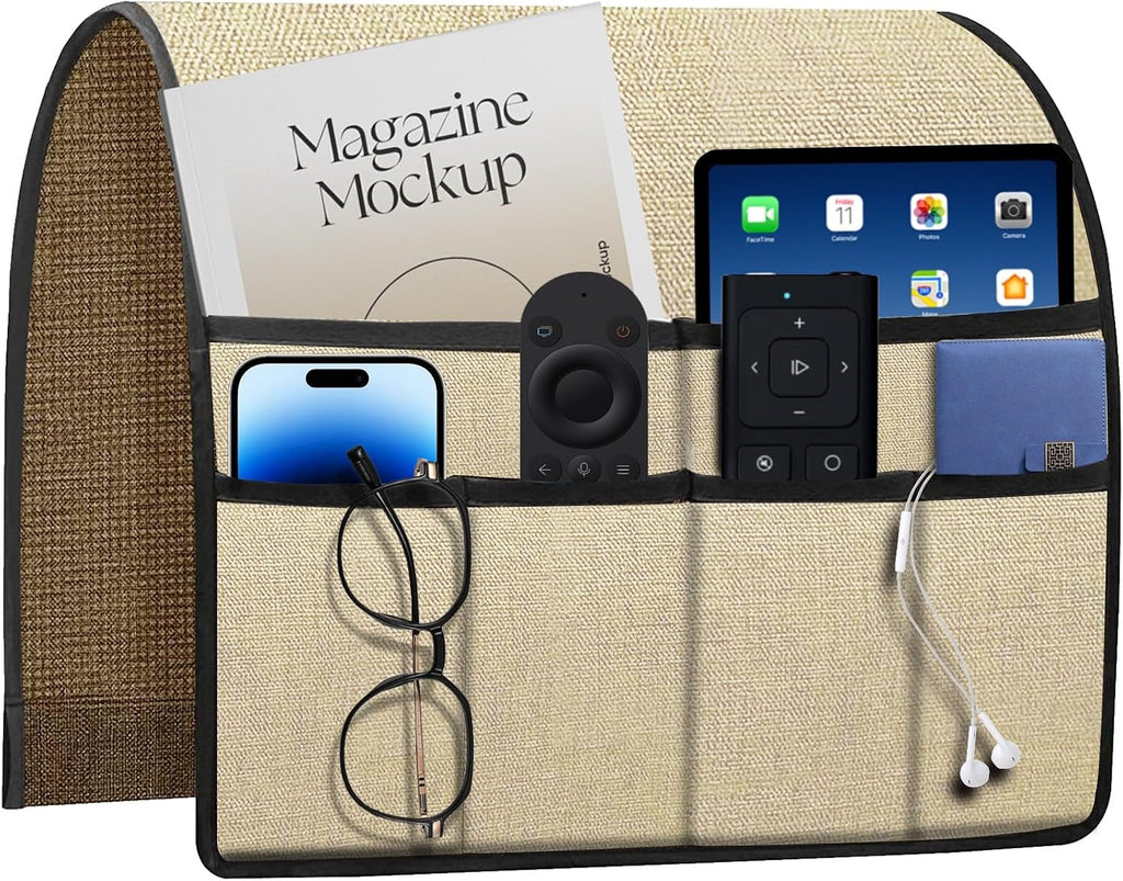 Remote Holder for Recliner Armchair & Couch, Non Slip Sofa Armrest Organizer Caddy with 6 Pockets Thick Linen Fabric Storage for Tablet, Phone, iPad, Magazine, 19x35 Inches, Natural