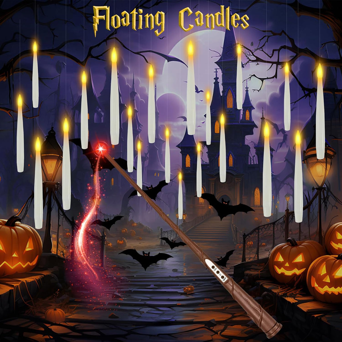 10 Floating Candles with Wand & 11 AAA Batteries Halloween Decor