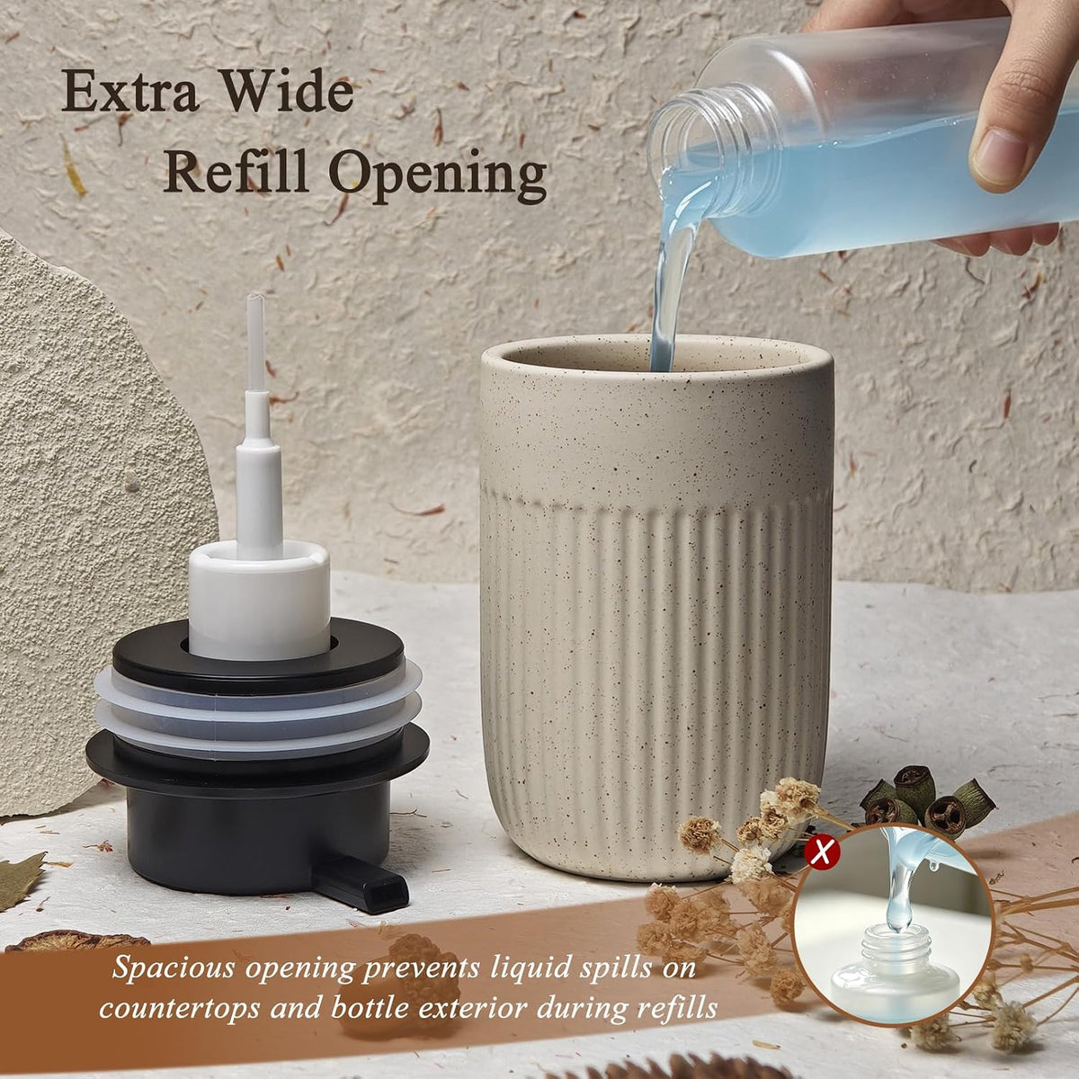 Beige Ceramic Foaming Soap Dispenser for Bathroom Countertop 13oz