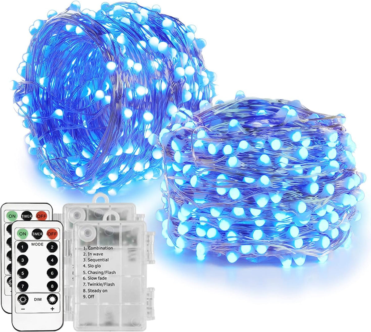 Homemory 2 Pack 33 Ft 100 LED Blue Christmas Fairy Lights, Battery Operated String Lights with Remote, Waterproof 8 Modes Firefly Twinkle String Lights for Christmas Decor