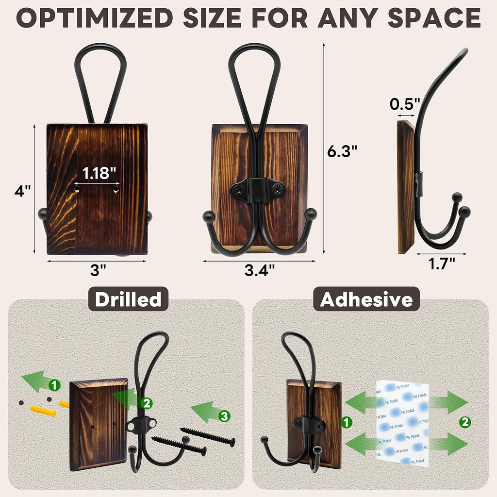 2-Pack Rustic Wood Wall Hooks - Wall Mounted or Adhesive Coat Rack for Bathroom Towels Robes - Farmhouse Modern Decorative Entryway Hangers for Hats Keys Purses Bags, Brown