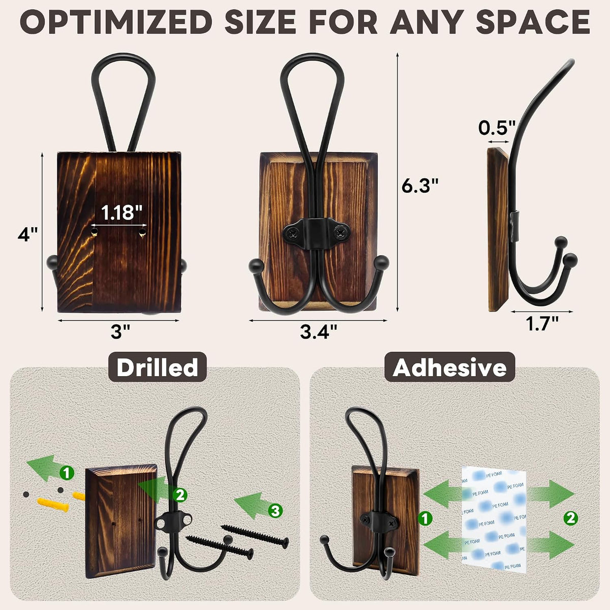 2-Pack Rustic Wood Wall Hooks - Wall Mounted or Adhesive Coat Rack for Bathroom Towels Robes - Farmhouse Modern Decorative Entryway Hangers for Hats Keys Purses Bags, Brown