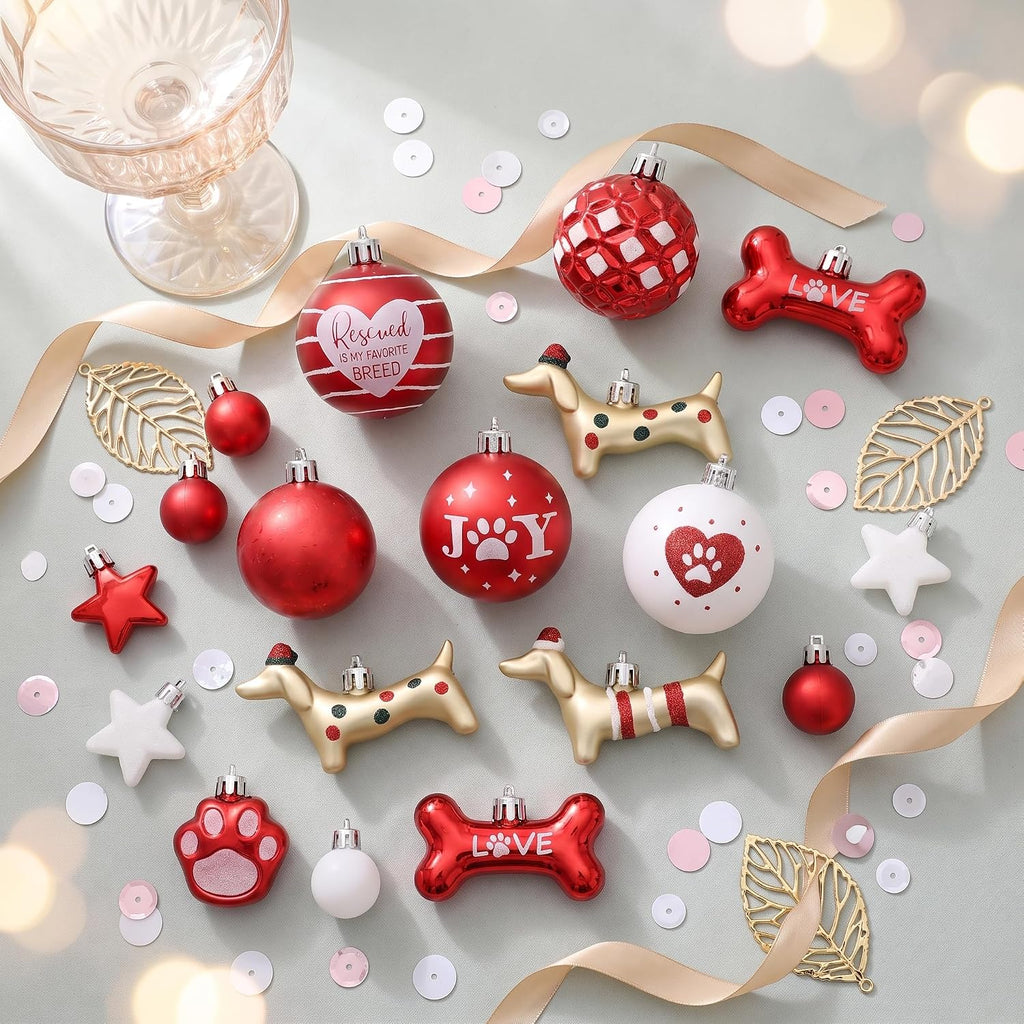 DecobyHannah 42ct Red White Christmas Ornaments Set Tree Dog Decorations