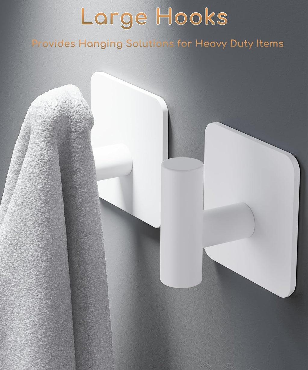 Aikzik 4 Pack Large Heavy Duty Wall Hooks - 26lb Max, Stainless Steel Adhesive Towel Hook, Shower Hooks for Hanging Towel, Coat, Robe, Wall Hook for Use in Bathroom, Kitchen and Door, White