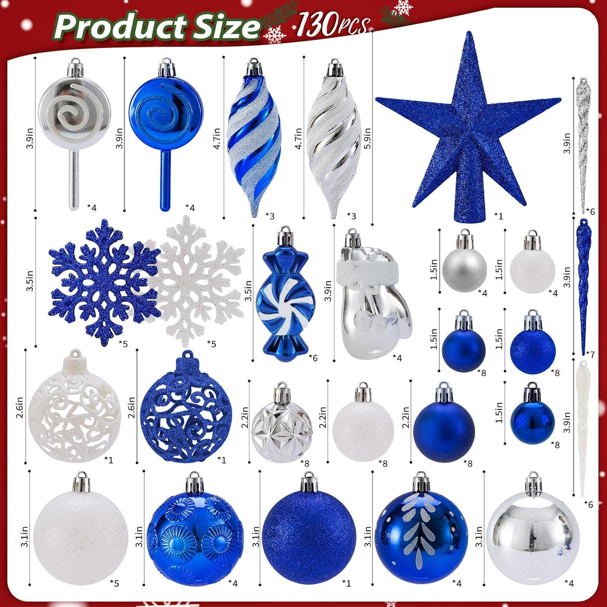 Christmas Balls Ornaments,Assorted Shatterproof Christmas Ornaments Set, Luxurious Hanging Pendants Package for Christmas Tree Party Holiday Indoor Decor (130Pcs-Blue)