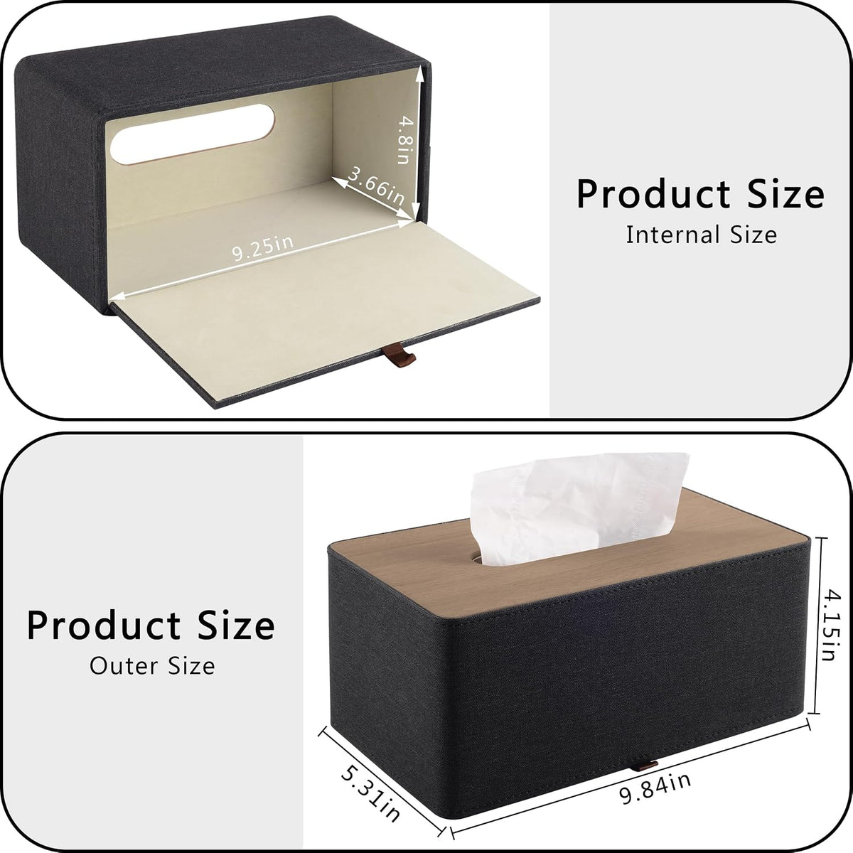 High-end Pu Leather Tissue Box Holder Two Color Combination-Linen and Wood Grain,Rounded Rectangle Napkin Paper Case Dispenser for Home Bathroom Dresser Offices Car Tissue Cover (Black)