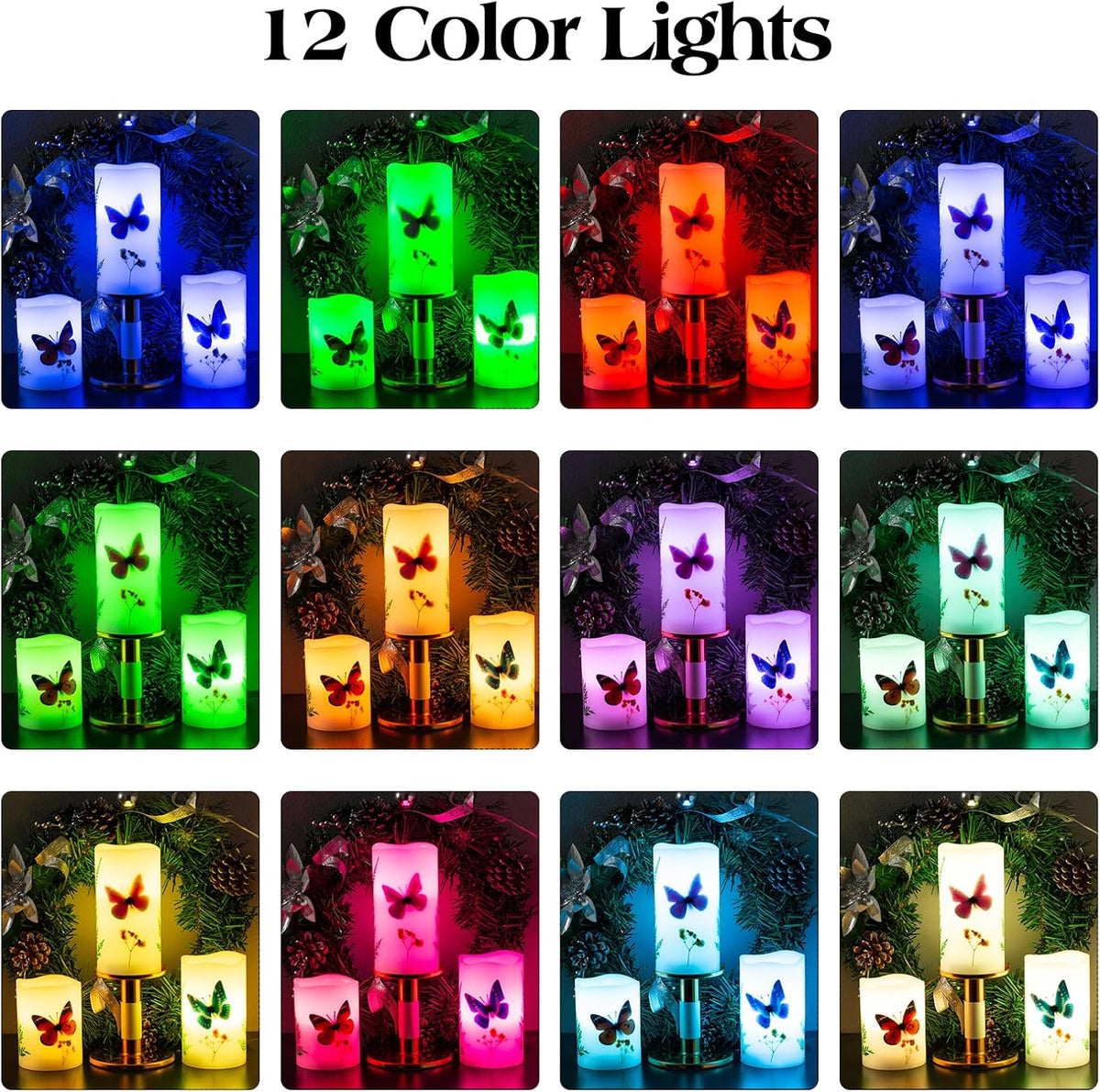 Candles Set of 3 Flameless 4" 5" 6" Unscented Tealight Butterfly Flower Plants Decor Real Wax Pillar Candle LED Lights 12 Color Changing 4H 8H Timer Remote Control AAA Batteries Operated