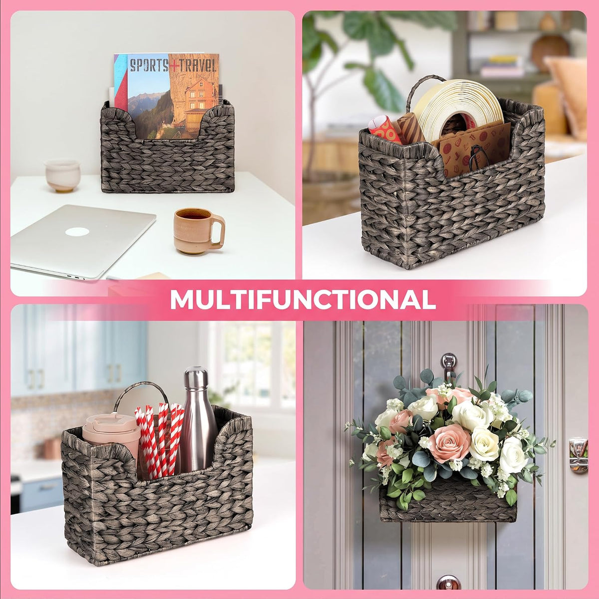Handwoven Water Hyacinth Wall Magazine Holder - Natural Hanging Organizer for Mail, Newspapers & Magazines, Books & Files - Decorative Storage Basket for Bathroom, Living Room, Office.(Espresso Color)
