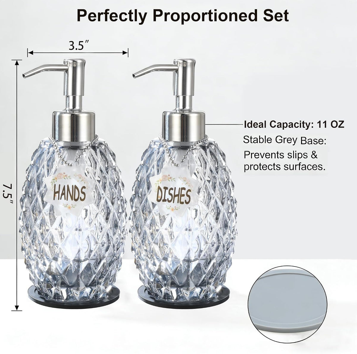 MALACHI Glass Soap Dispenser, 304 Rustproof Stainless Steel Pump, Refillable Multi‑use for Hand Soap, Dish Soap, Body Wash, Shampoo, Baby Wash for Bathroom Kitchen & Commercial