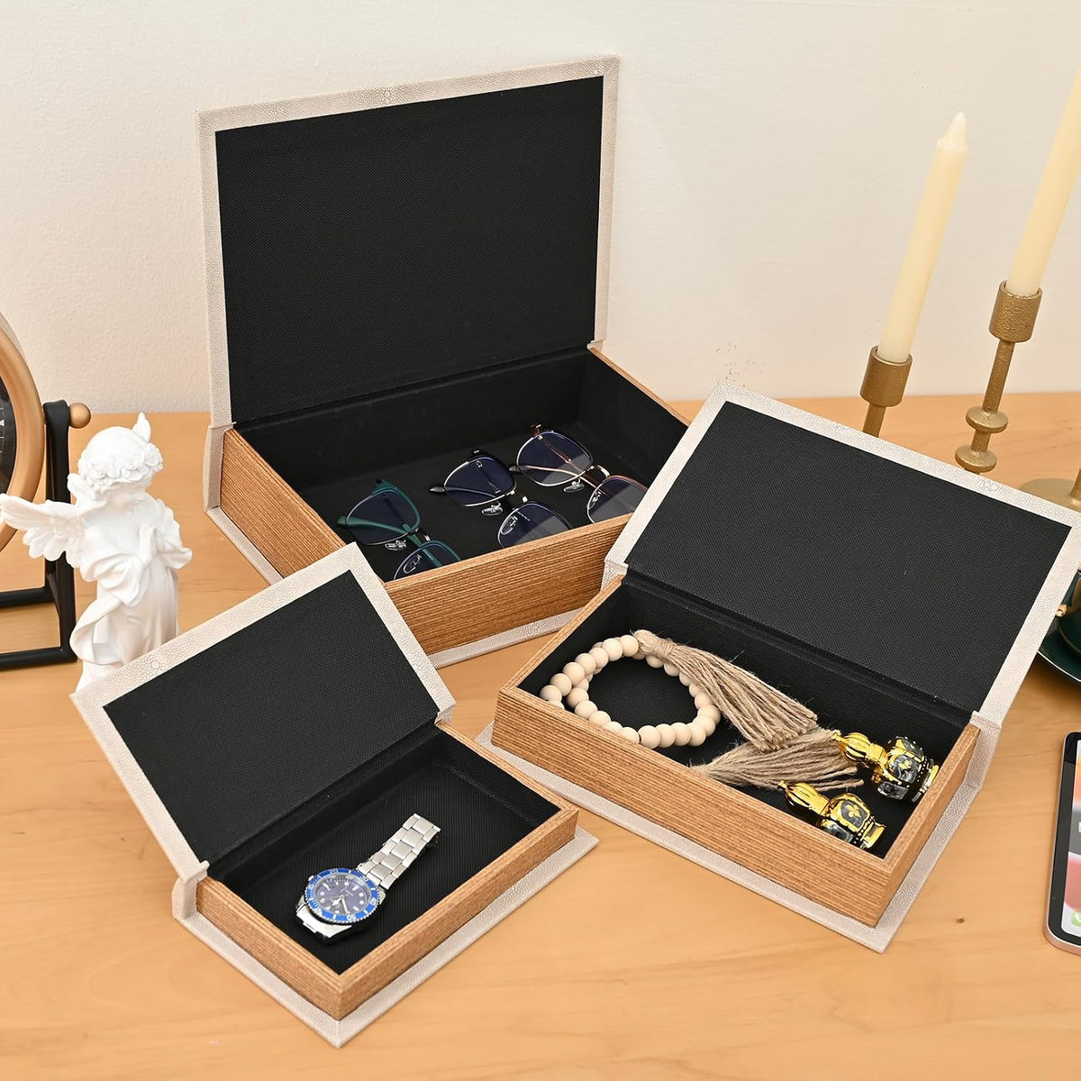 Modern Faux Shagreen Leather Decorative Book Boxes Set of 3(13",10",8")