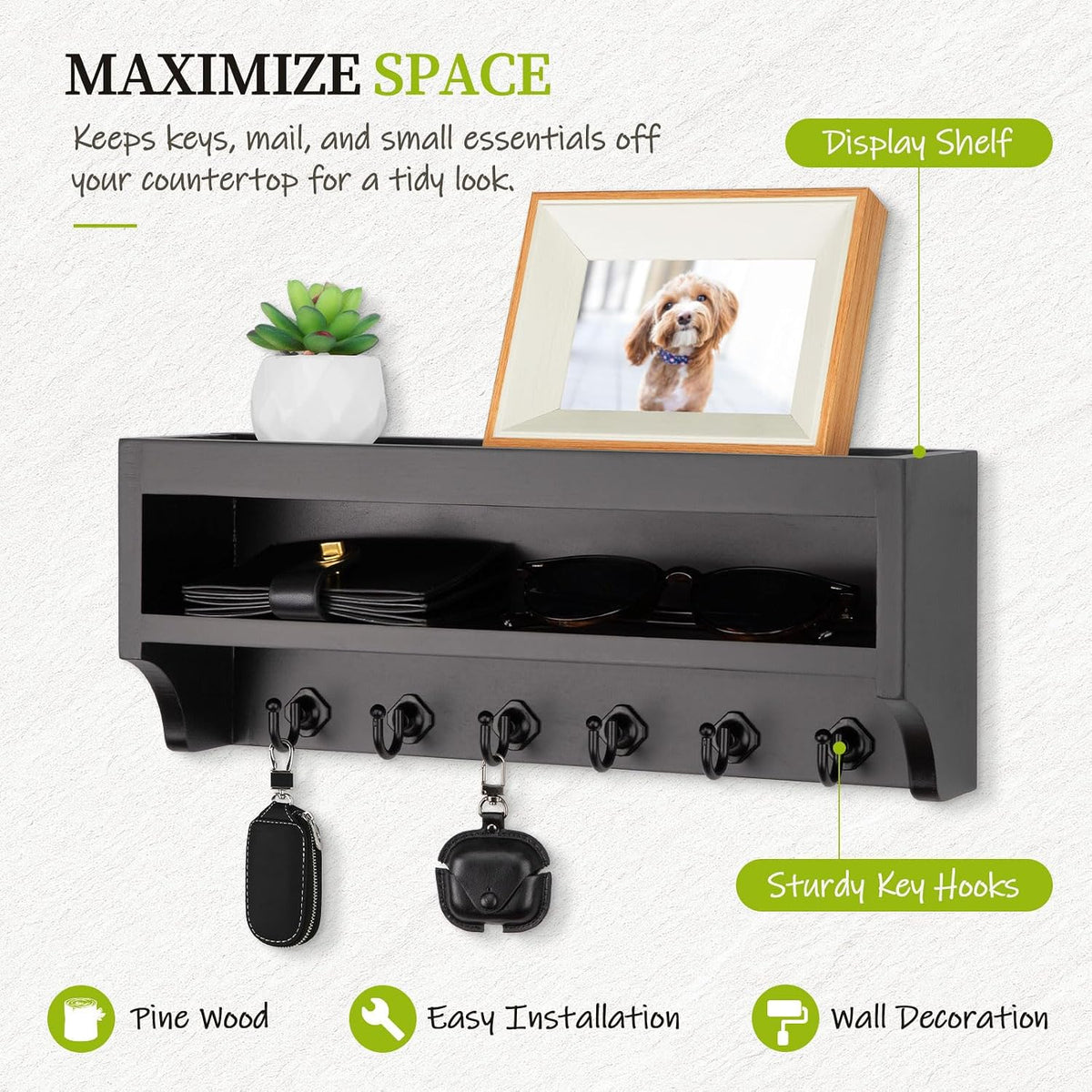Nekon Key Holder Wall Mount, Pine Wooden Mail Organizer, Black