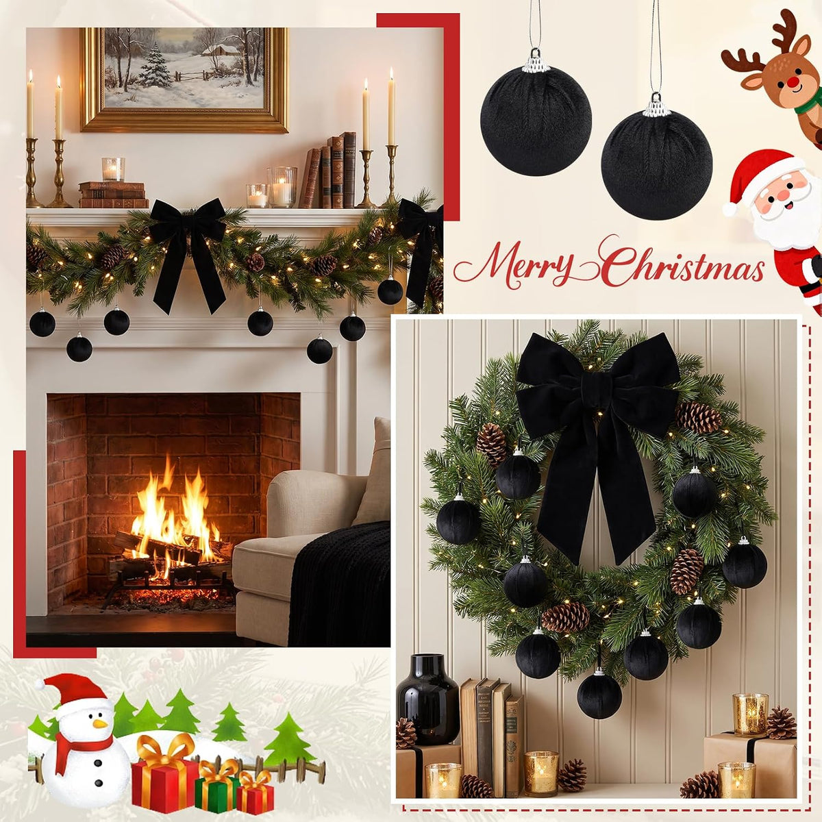Woration 9 Pcs Black Velvet Christmas Balls 2.36" Xmas Tree Hanging Ball