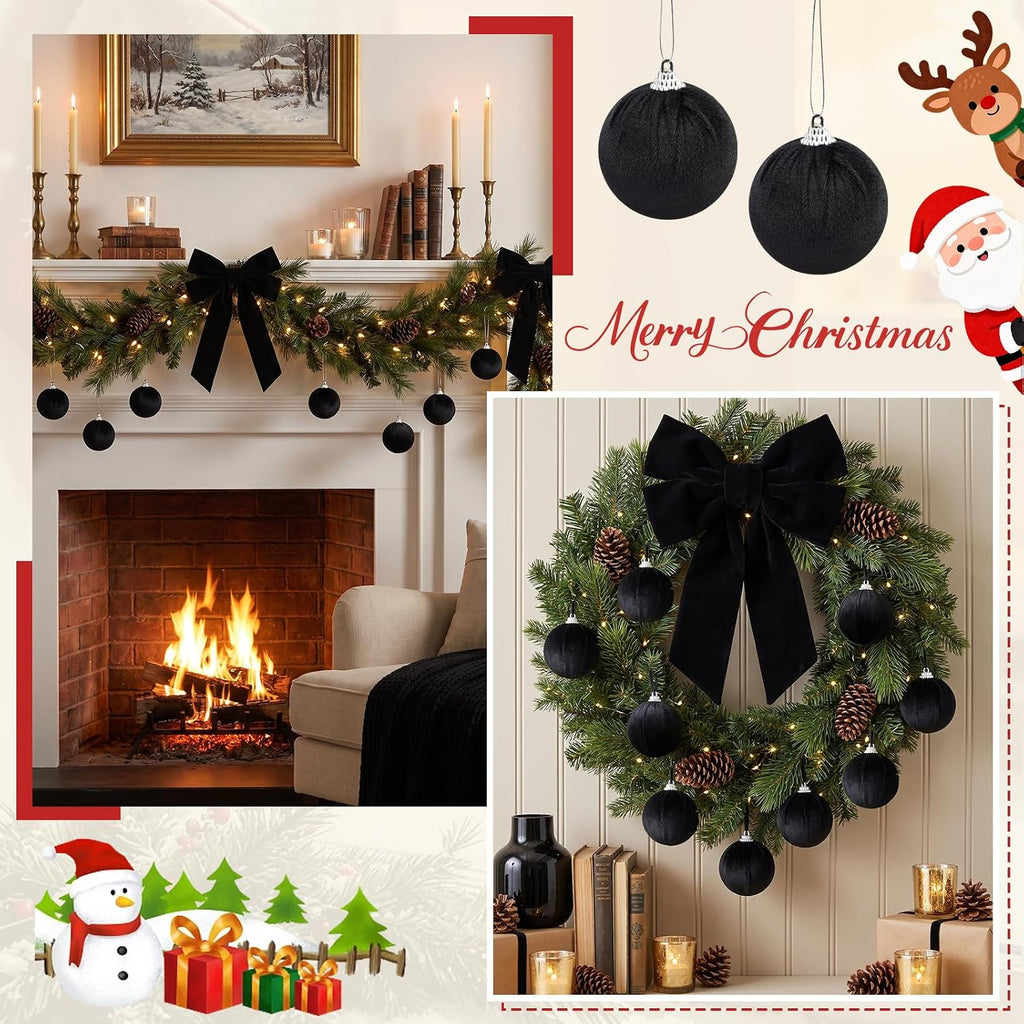 Woration 15 Pcs Christmas Hanging Ball Ornaments Black Velvet Balls - 2.36"