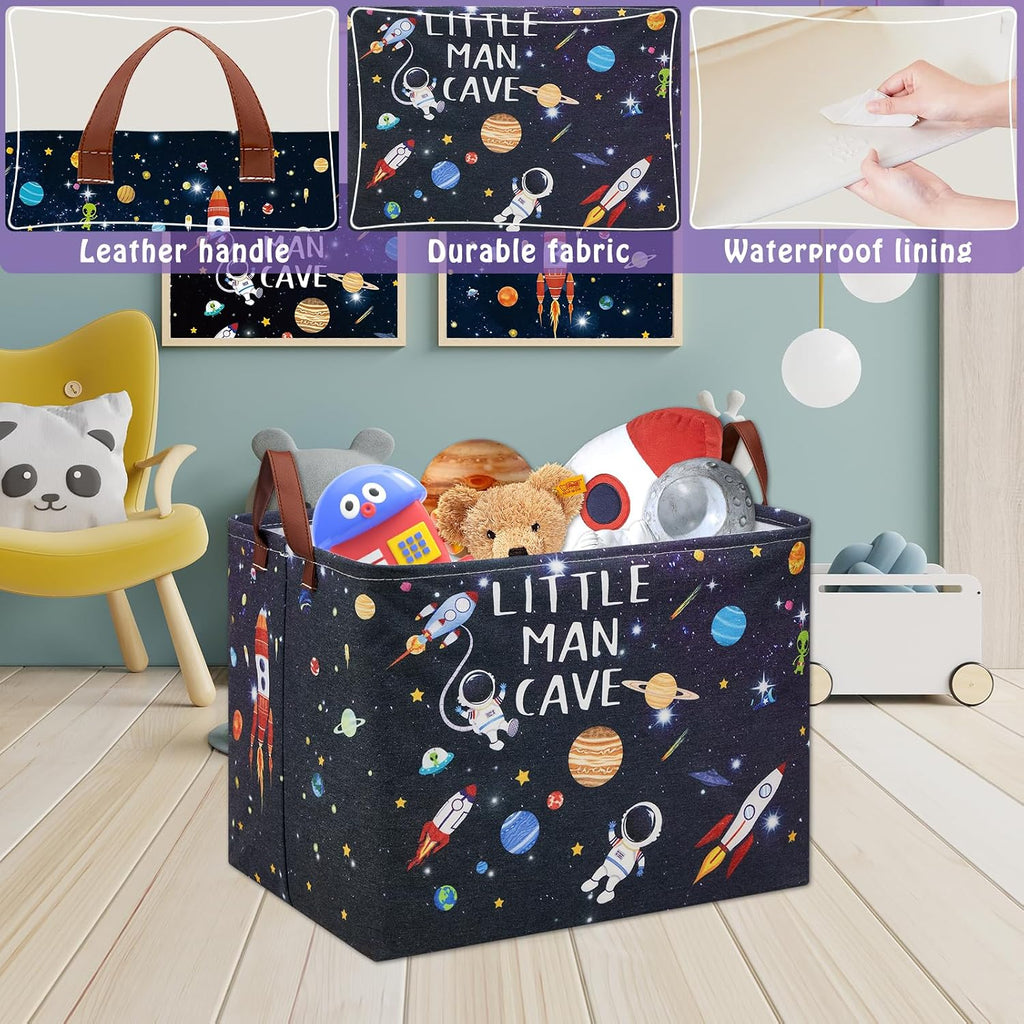 Outer Space Room Decor Basket, Astronaut Storage Basket with Inspirational Quotes,Planets Boy Room Decor Shelf Hamper ,Rectangular Clothes Book Toy Storage Bin (Black)