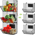 X-cosrack Metal Wire Basket Wall Mount, 3 Tier Wall Storage Basket Organizer with Hanging Hooks Chalkboards, Rustic Kitchen Fruit Produce Bin Rack Bathroom Tower Baskets (Black)