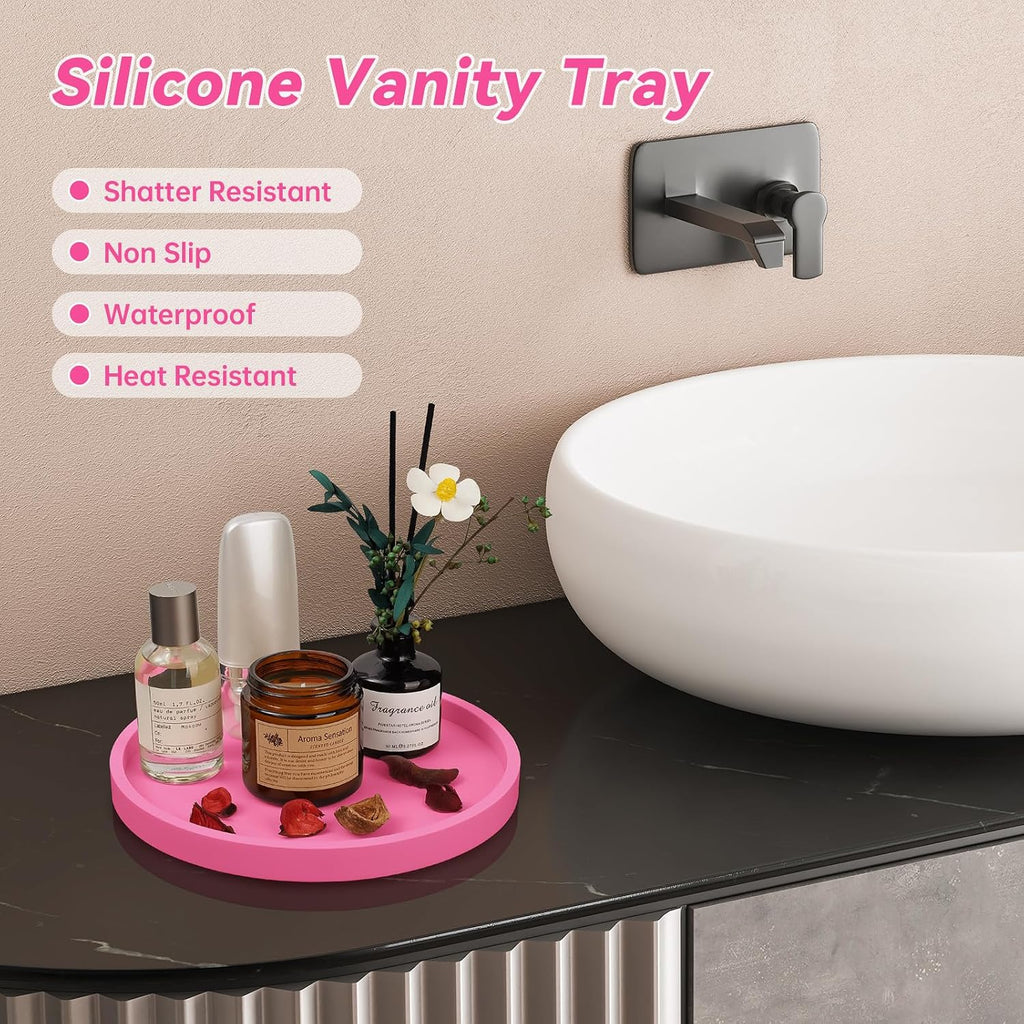 NiHome Silicone Bathroom Vanity Tray Round Perfume Organizer, Hot Pink