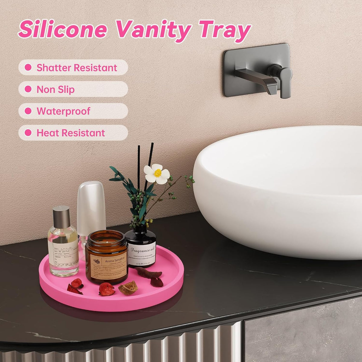 NiHome Silicone Bathroom Vanity Tray Round Perfume Organizer, Hot Pink