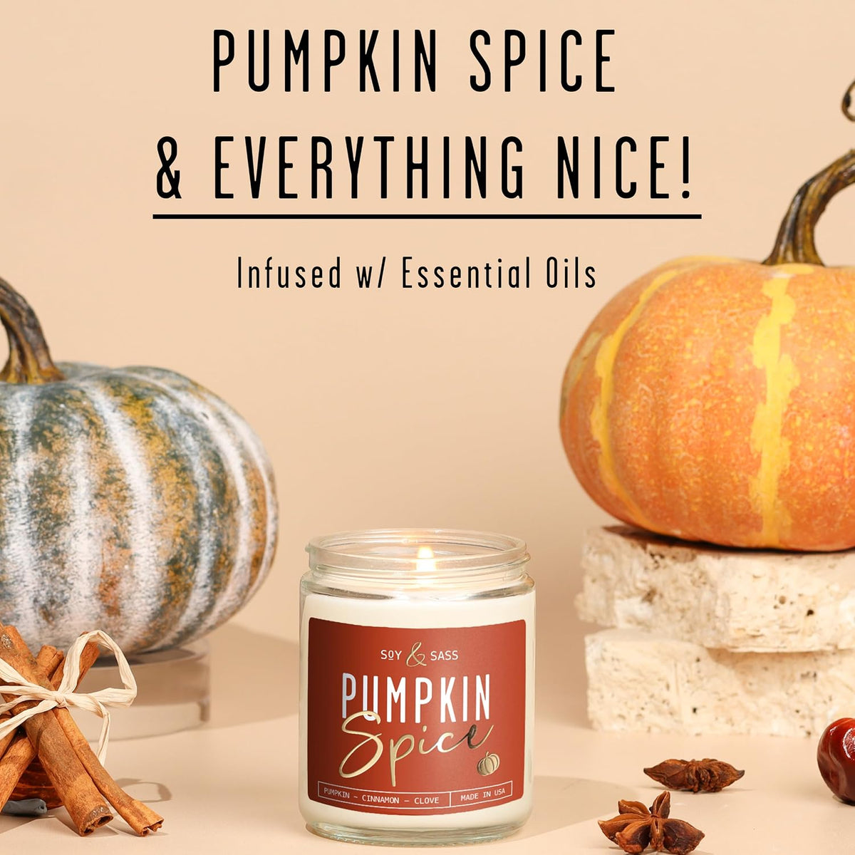 Pumpkin Spice Candle, Fall Candles - 'Pumpkin Spice' Scented Soy Candle for Home, Fall Scented Candles for Home Décor, 9oz Reusable Jar, 50Hr Burn, Made in USA