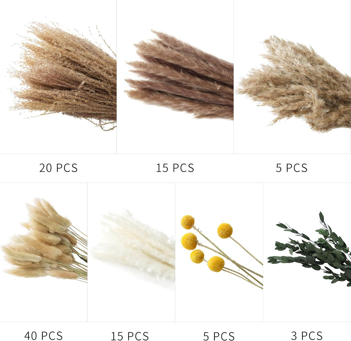Natural Dried Pampas Grass Bouquet (103-Piece) for Boho Wedding & Home Decor - Farmhouse Centerpiece with Eucalyptus, White/Brown, 14-17 Inches