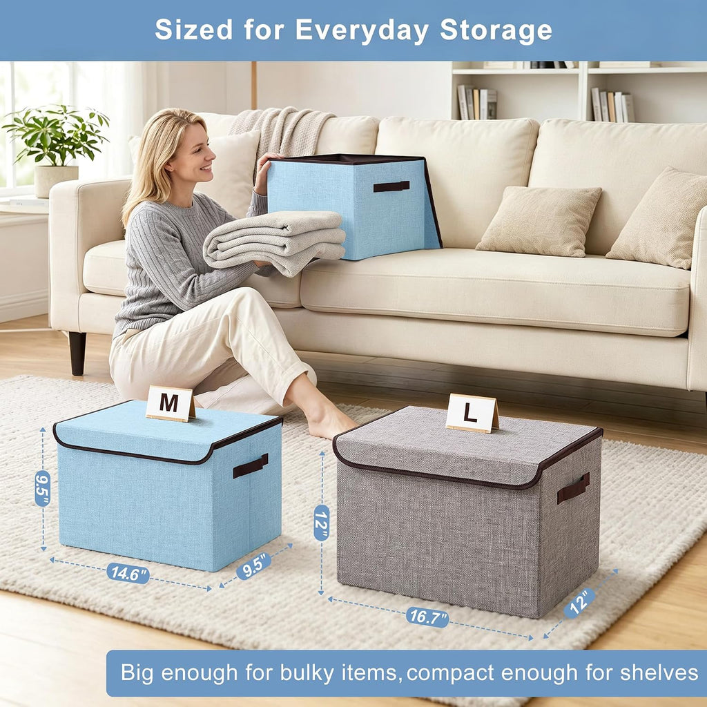 Bagnizer Foldable Storage Bins with Lids, Decorative Storage Baskets, Large Storage Boxes for Home, Office, Bedroom, Closet, Blue, Medium, 4 Pack 14.6 x 9.5 x 9.5”