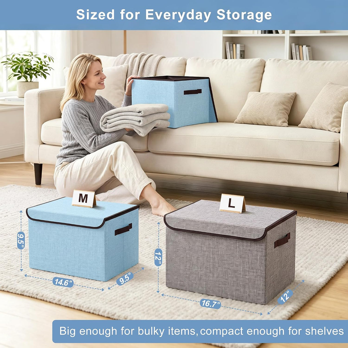 Bagnizer Foldable Storage Bins with Lids, Decorative Storage Baskets, Large Storage Boxes for Home, Office, Bedroom, Closet, Blue, Medium, 4 Pack 14.6 x 9.5 x 9.5”