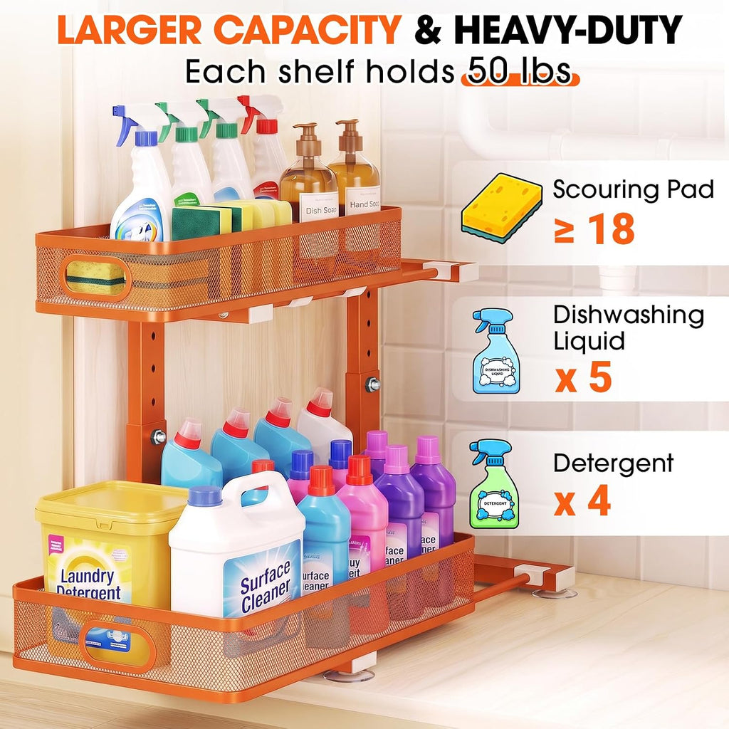 Under Sink Organizer 4-Pack, Metal 2-Tier Pull-Out Cabinet Shelf with Slide-Out Mesh Drawers, Height Adjustable, Space-Saving Under Sink Storage Racks for Kitchen, Bathroom, Laundry Room, Orange