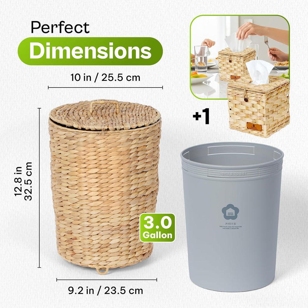 Wicker Trash Can with Lid, 3 Gallon Bathroom Trash can with Liner & Raised feet, Handwoven Water Hyacinth Waste Basket with Tissue Box, Decorative Trash can for Bedroom, Kitchen, Office