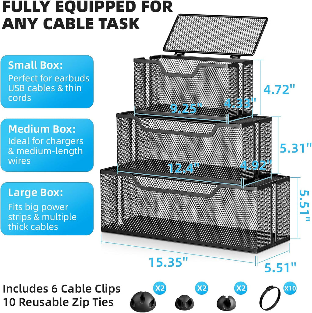Marbrasse 3 Pack Cable Management Box, Metal Mesh Cord Organizer Box for TV Wires, Electrical Hiding, Power Strip – Under Desk Cable Storage Box with Cable Clips&Reusable Cable Ties for Home/Office
