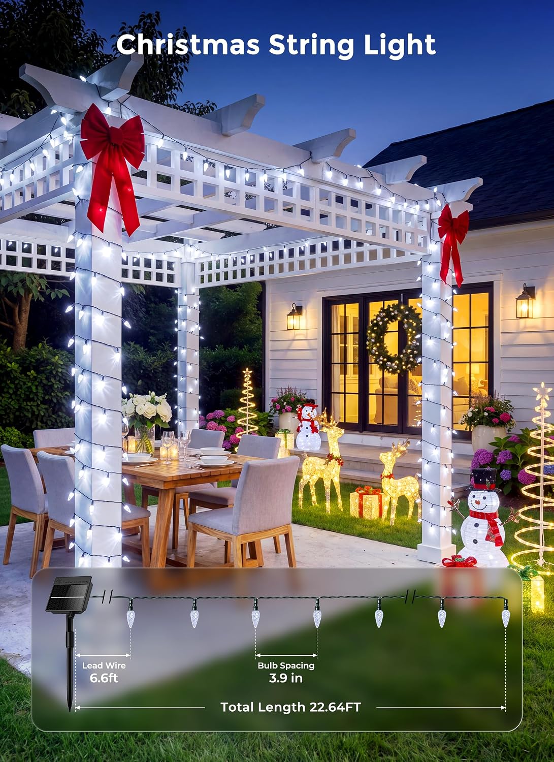 Minetom C6 Solar Christmas Lights Outdoor, 50LED 22.64FT Pure White Lights