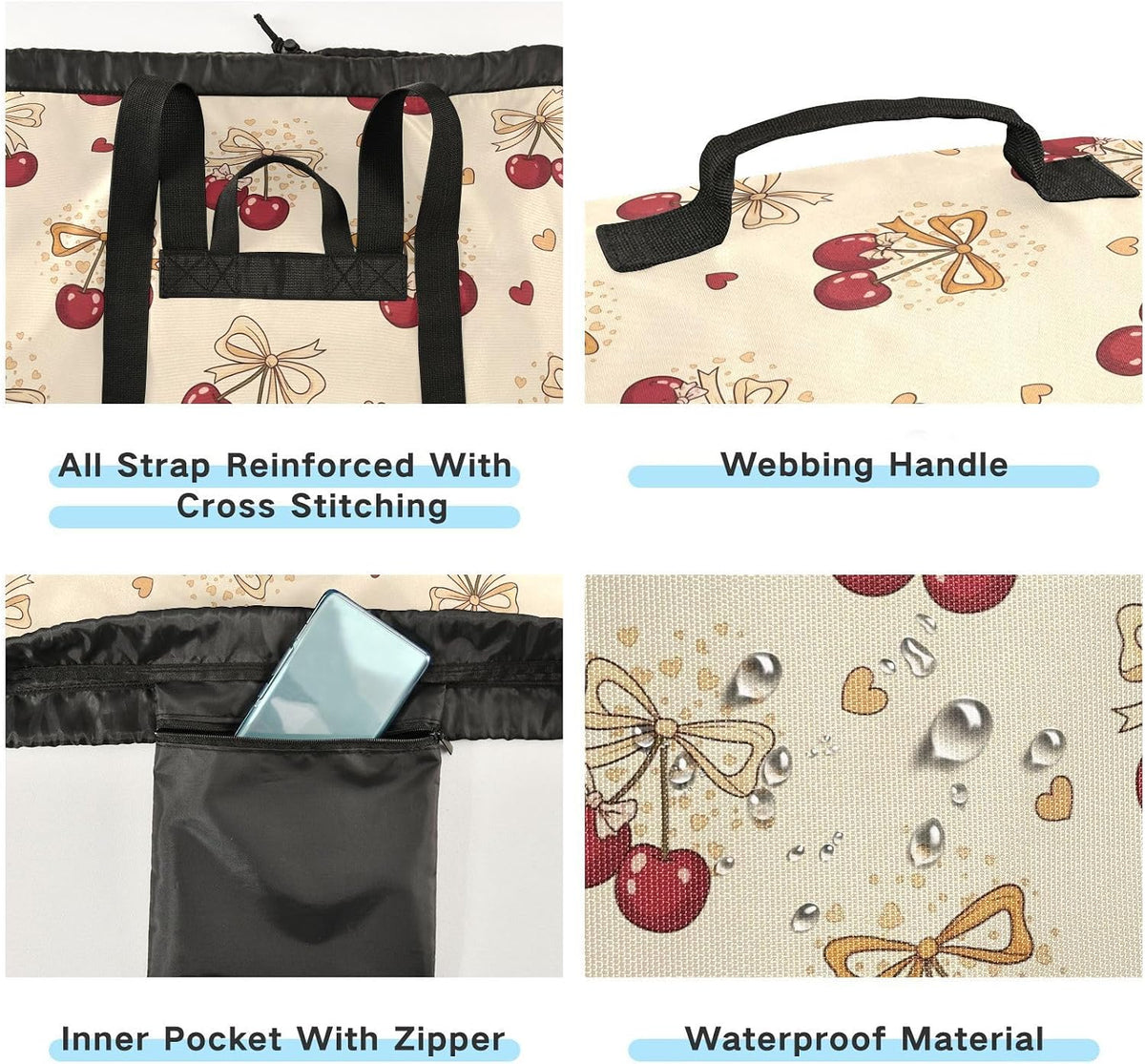 Bow Cherry Beige Laundry Bag Backpack Dirty Clothes Bags Organizer With Extra Large Heavy Duty for Vacation Road Trip Essentials Dorm