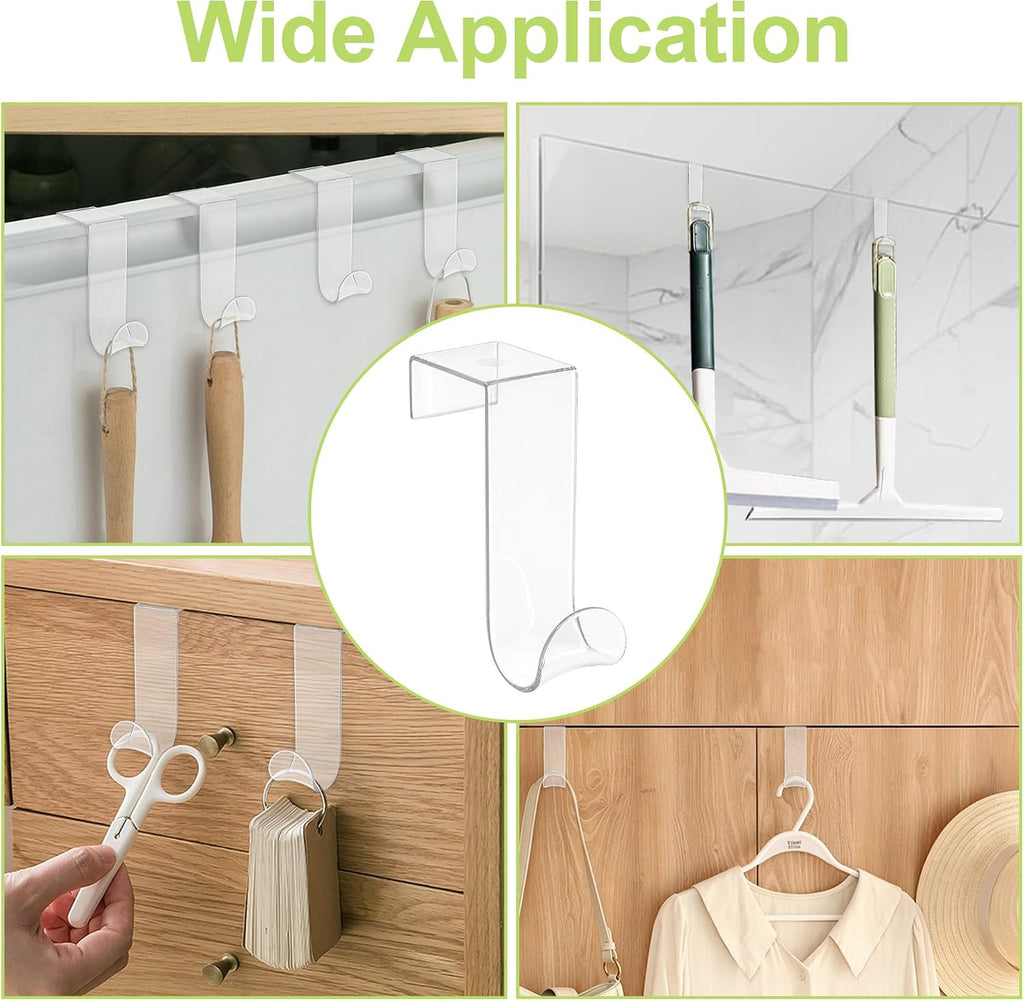 16Pcs Over Cabinet Door Hooks Plastic Over The Door Single Hook Space-Saving Hanger Extender Clips Multi-Purpose Hook for Kitchen Bathroom (Transparent)