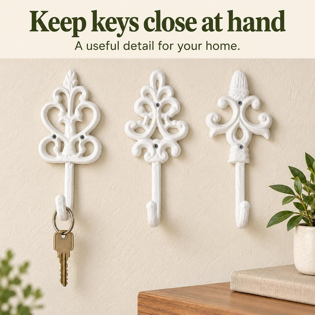 Comfify Pure White Cast Iron Wall Hooks Set of 3 – Farmhouse Coat Hooks